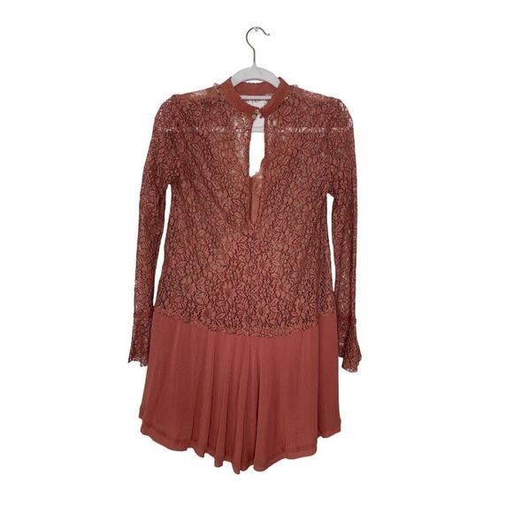 Free People Tell Tale Cutout Lace Tunic Mini Dress Rusty Rose in Rosey Coral - Picture 10 of 10